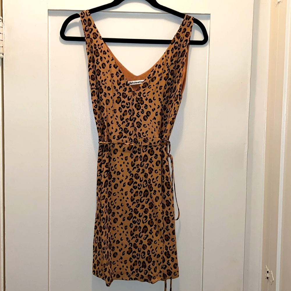 Reformation Anchorage Feline Leopard Print V Neck Wrap Dress
